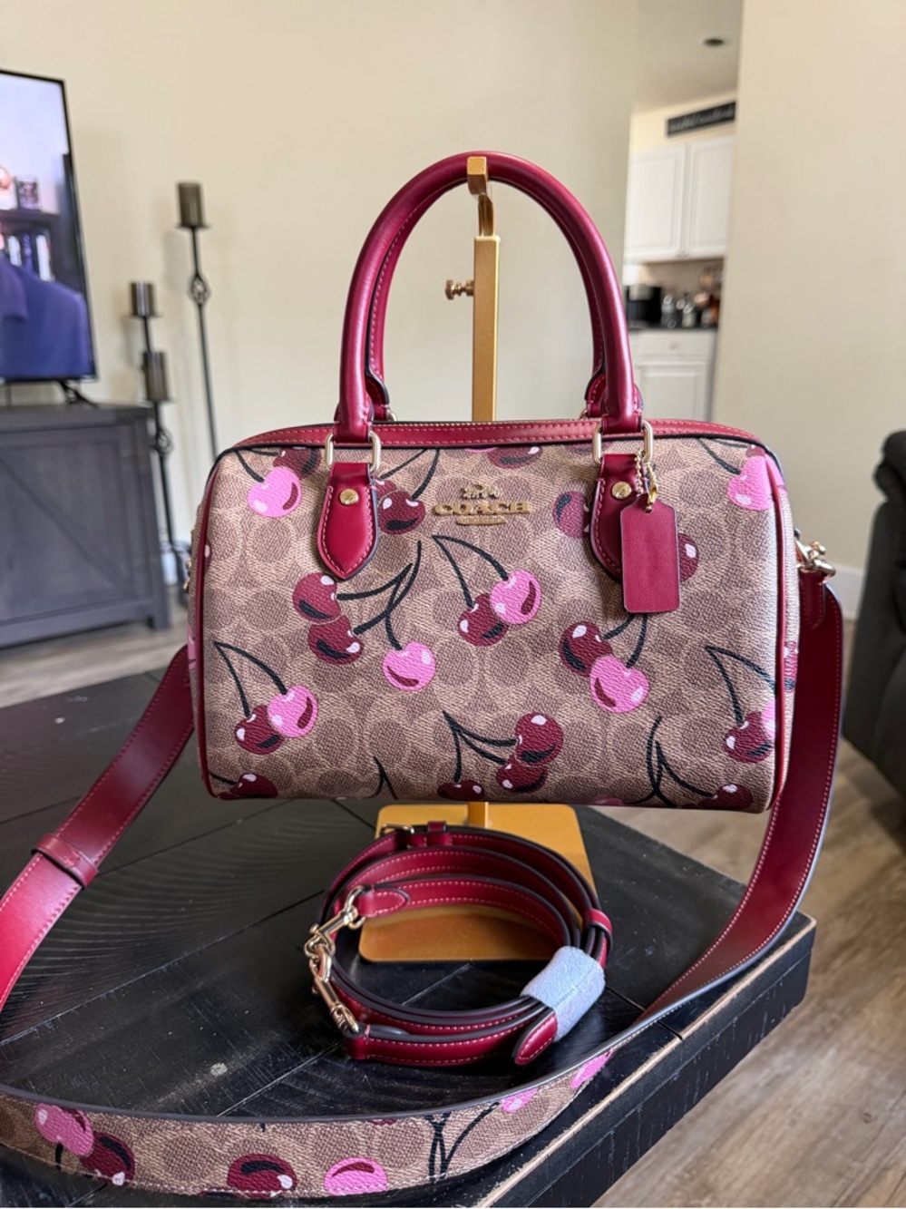 Coach MED Rowan Cherry print , and matching cherry coach strap included